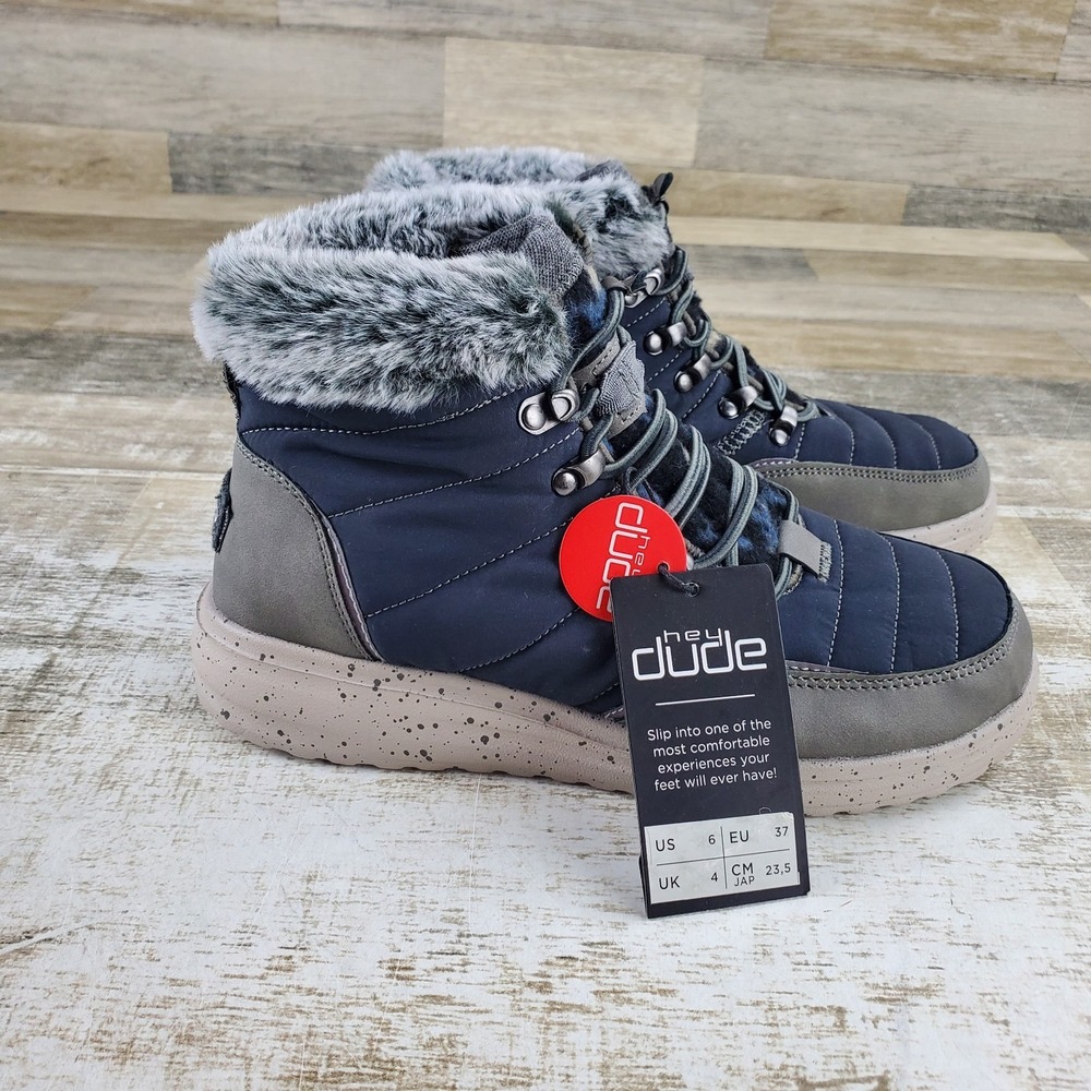 Hey Dude Brandy Womens Ankle Boots Sz 6 Navy Faux Fur Lace Up Casual Comfort